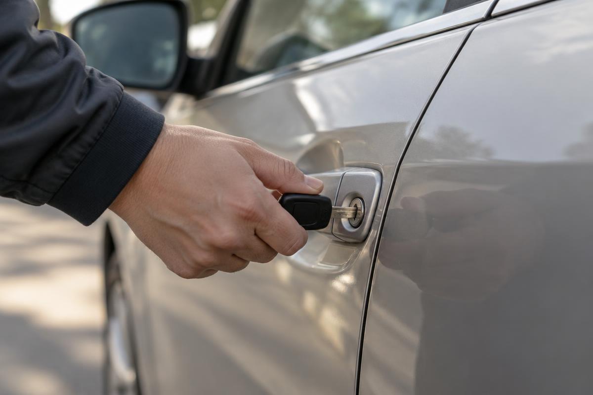 Close-up of a hand inserting a key into a car door lock cylinder